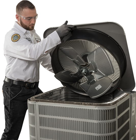 Service repair man checking and servicing air conditioning unit round rock, Texas