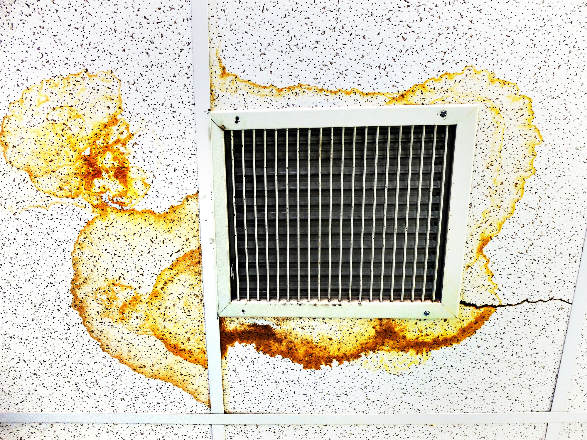 AC Water Drips, Water Damage Stains on Ceiling.